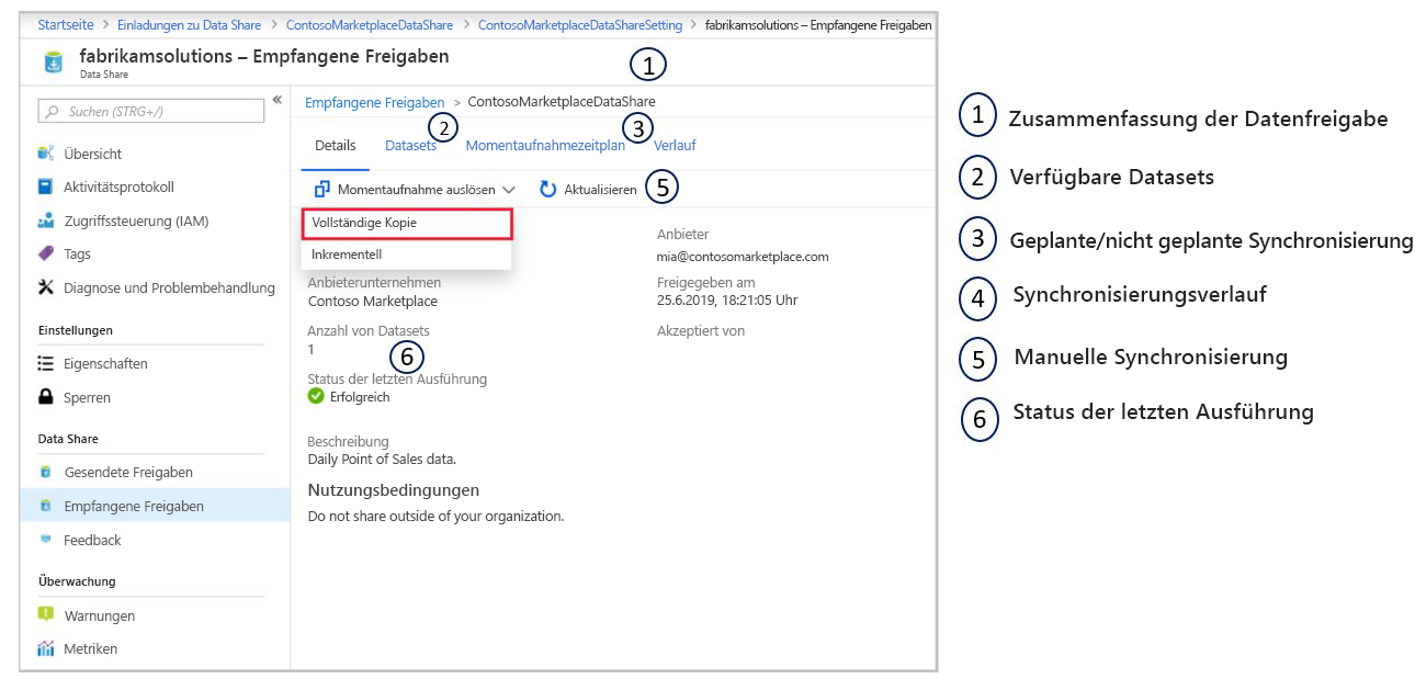 Screen shot of the Azure portal on the Data Share configuration pane highlighting Trigger snapshot setting.